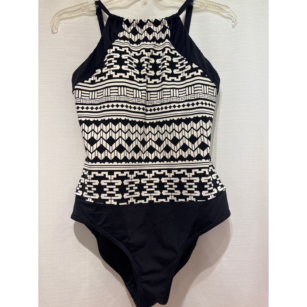 JAG Black White Geometric Print Halter Style One Piece Swimsuit Large